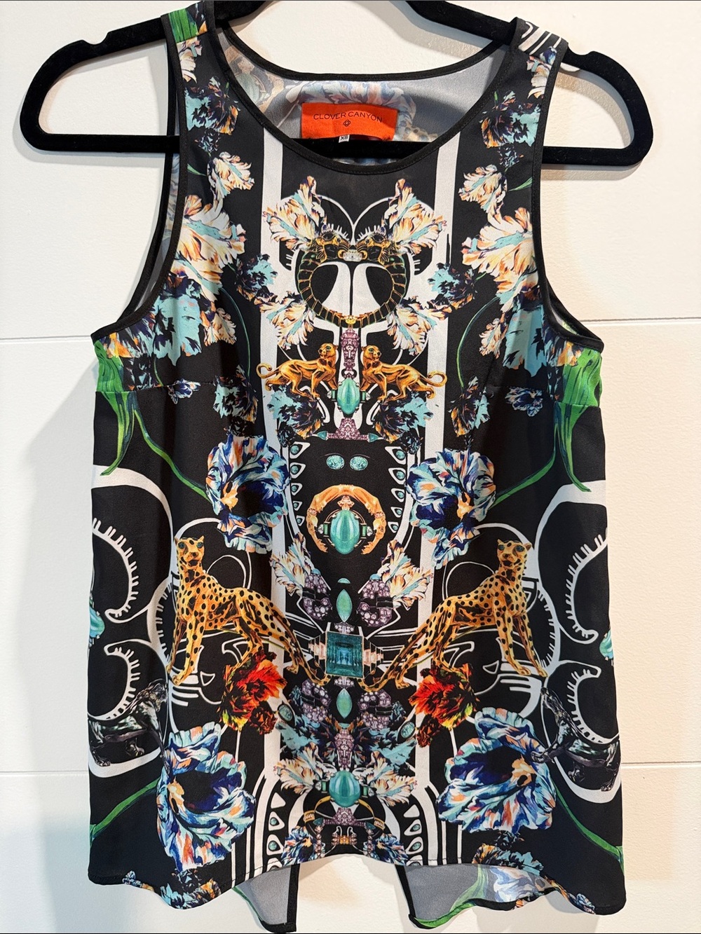Clover Canyon Black Tank with Teal, Gold, Green & Blue Floral Leopard Motif